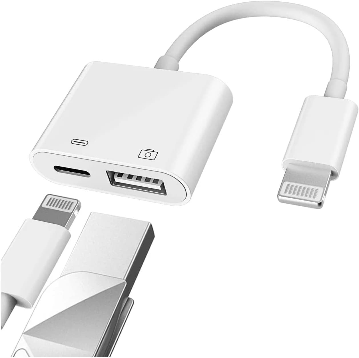 Lightning Male to USB Female Adapter OTG and Charger Cable for iPhone 14/13/ 12/11 Mini max pro xs xr x Ipad air Camera Memory Stick Flash Drive Cord Converter Charging Splitter (2 in 1)