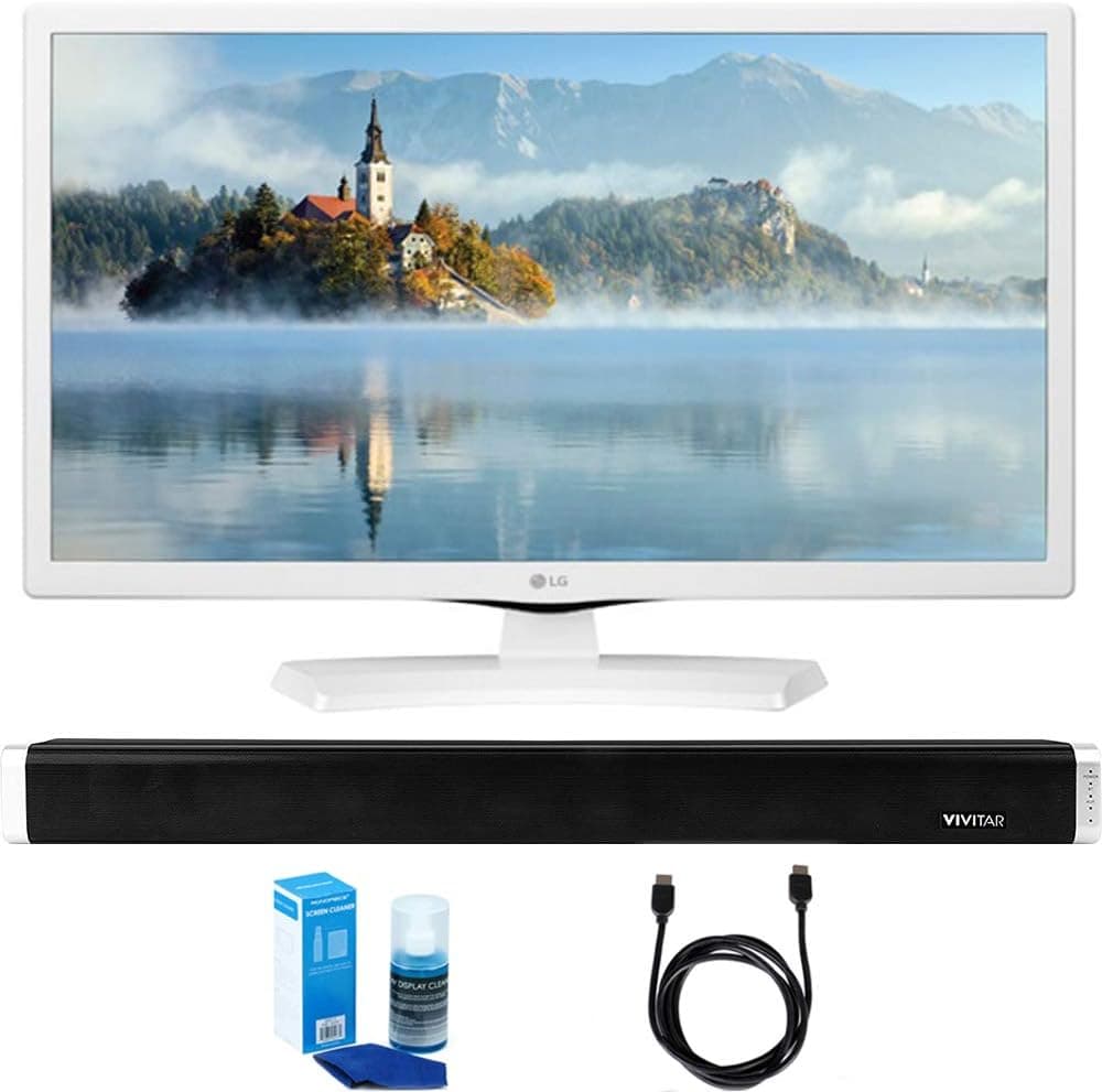 LG 24LJ4540-WU 24-Inch HD LED TV - White w/Sound Bar Bundle Includes, Vivitar 24-Inch Wall Mountable Wireless Bluetooth Soundbar, 6ft High-Speed HDMI Cable and LED TV Screen Cleaner