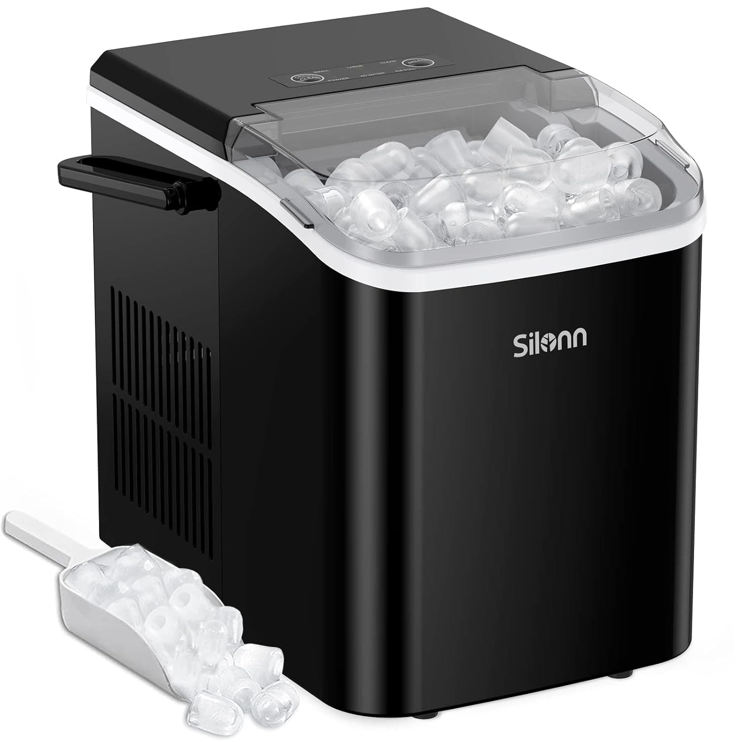 Silonn Countertop Ice Maker Machine with Handle, Portable Makers Countertop, Makes up to 27 lbs. of Per Day, 9 Cubes in 7 Mins, Self-Cleaning Scoop and Basket, Black, 12 x 9 x 12 inches (SLIM06)