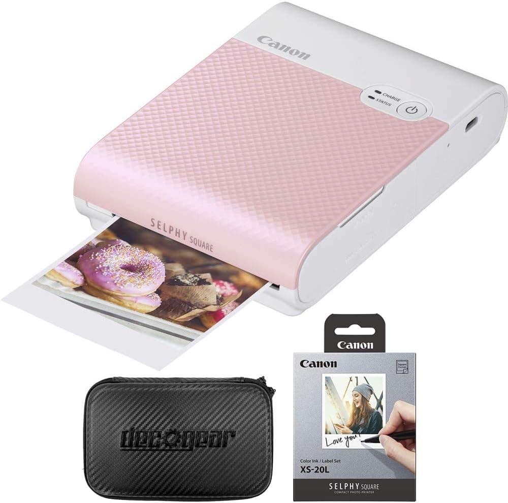 Canon SELPHY Square QX10 Compact Photo Printer - Pink (4109C002) Bundle SELPHY Color Ink/Label XS-20L Set + Deco Gear Hard Case
