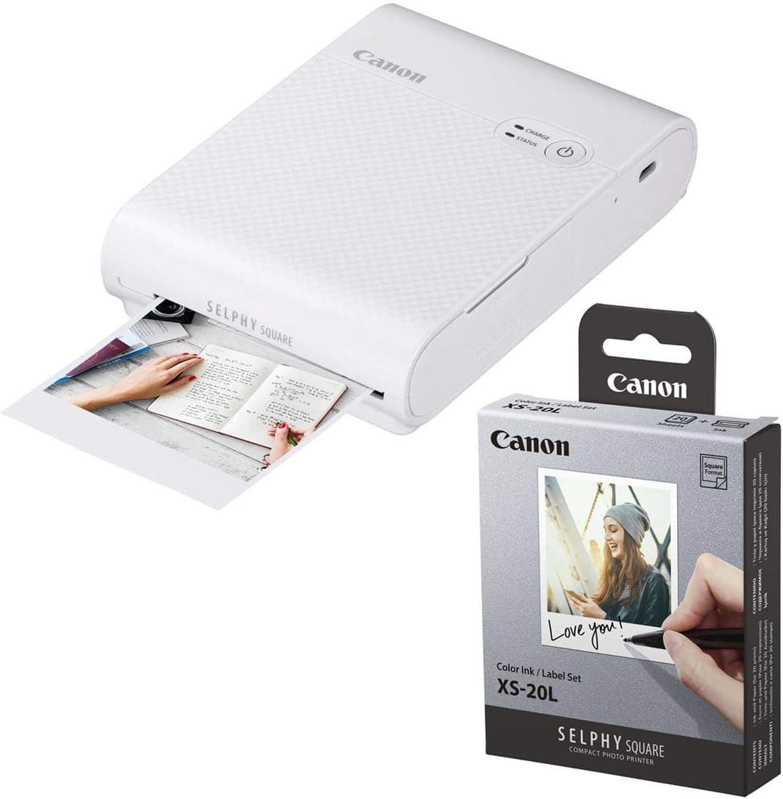 Canon SELPHY Square QX10 Compact Photo Printer, White - with Canon SELPHY Color Ink/Label Set XS-20L 20 Sheets