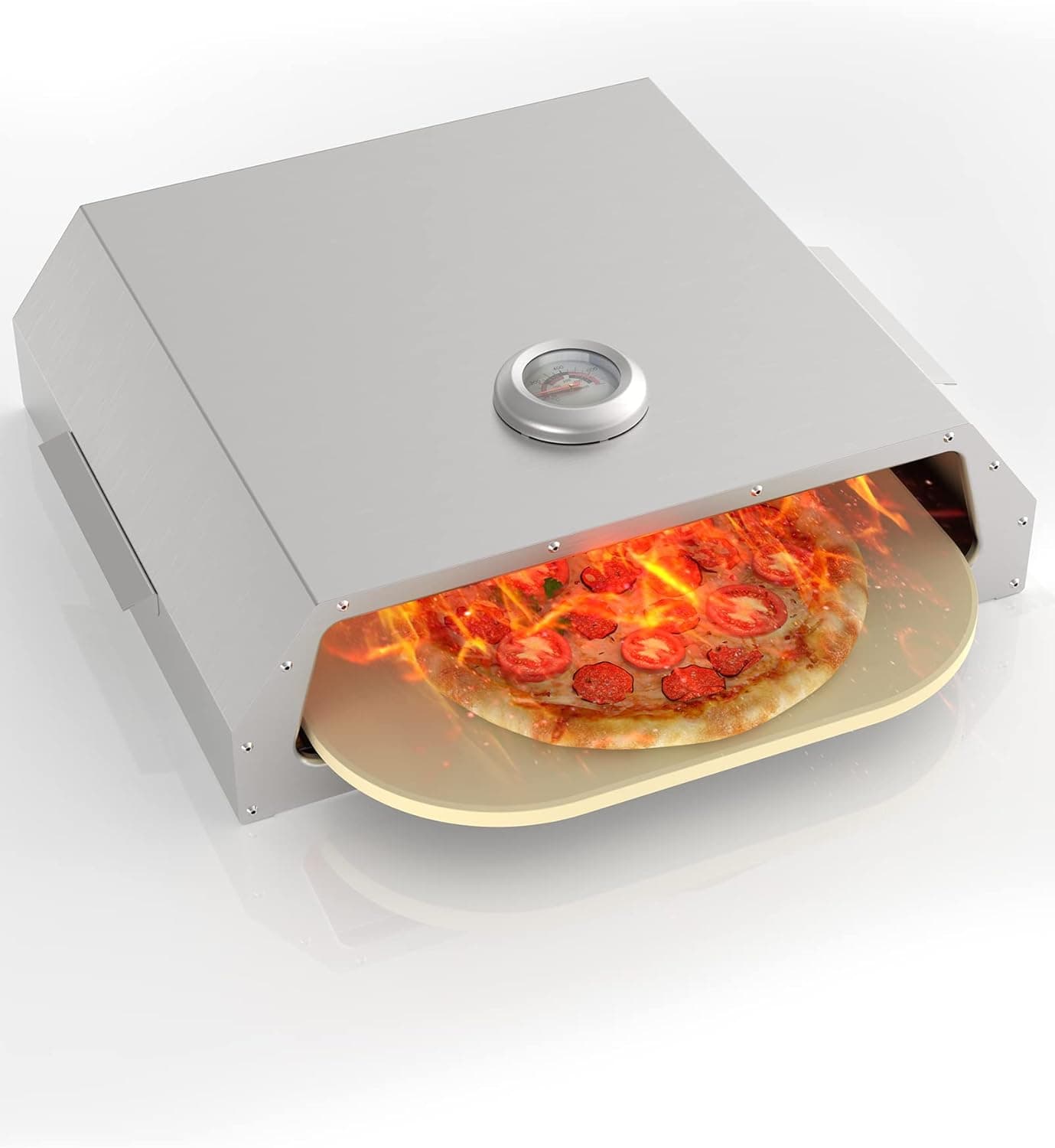 Pizza Oven Kit With Pizza Stone, [Built-In Thermometer] Stainless Steel Portable Pizza Oven Kit for Outside, Camping, Oven, Charcoal Grill,18" x 14" x 5"