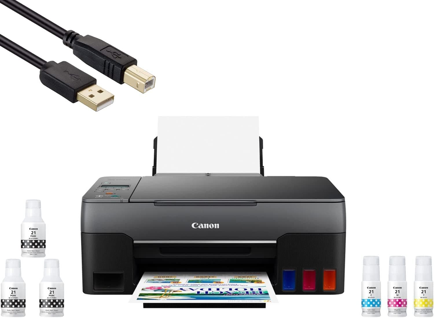 Canon PIXMA G1220 Wired USB MegaTank Color Single-Function Inkjet Printer for Home Office, Black - Print Only - 4800 x 1200 dpi, 2-line LCD, High-Volume Supertank, Hi-Speed USB, BROAG Printer_Cable