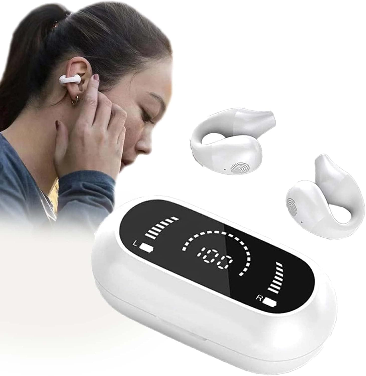 Bone Conduction Earbuds,Wireless Ear Clip Bone Conduction Headphones Bluetooth 5.2 Clip On Ear Style Ear-Cuffs Earphones, Bone Conduction Head Phones,Wireless Bone Conduction Headphones (C,White)