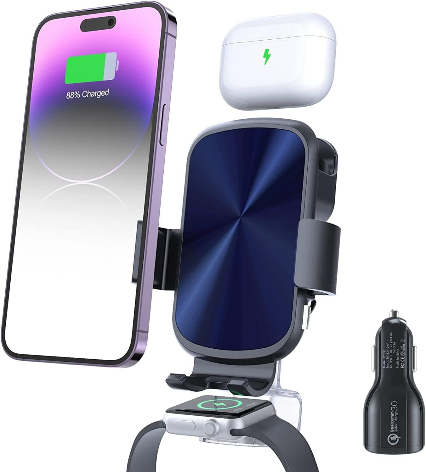 3 in 1 Wireless Car Charger, Car Charger Mount for iPhone/Airpods/Apple Watch, Air Vent Dashboard Car Phone Holder for iPhone 14/13/12/11/X/8, Apple Watch SE 7/6/5/4/3/2, AirPods 3/2/Pro