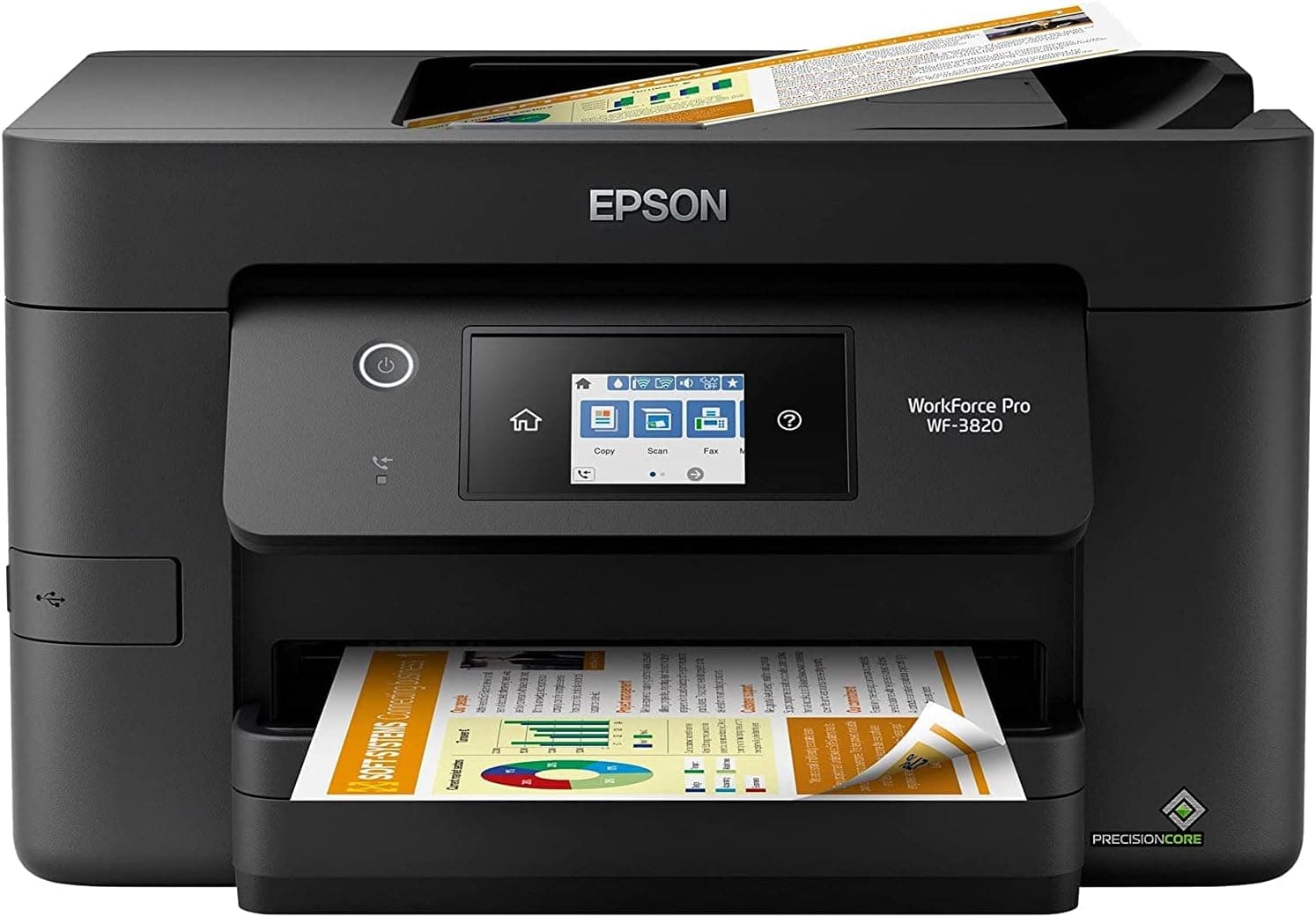 Epson Workforce Pro WF-3820 All-in-One Wireless Color Inkjet Printer for Office - Print Scan Copy Fax - 21 ppm, 8.5 x 14, 4800 x 2400 dpi, 35-Sheet ADF, Auto 2-Sided Printing, Ethernet, WiFi, USB