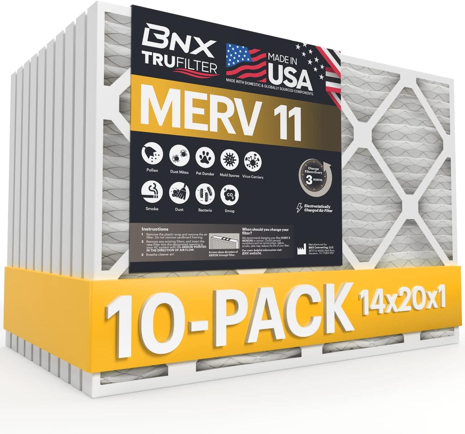 BNX 14x20x1 MERV 11 Air Filter 10 Pack - MADE IN USA - Electrostatic Pleated Air Conditioner HVAC AC Furnace Filters - Removes Dust, Mold, Pollen, Lint, Pet Dander, Smoke, Smog