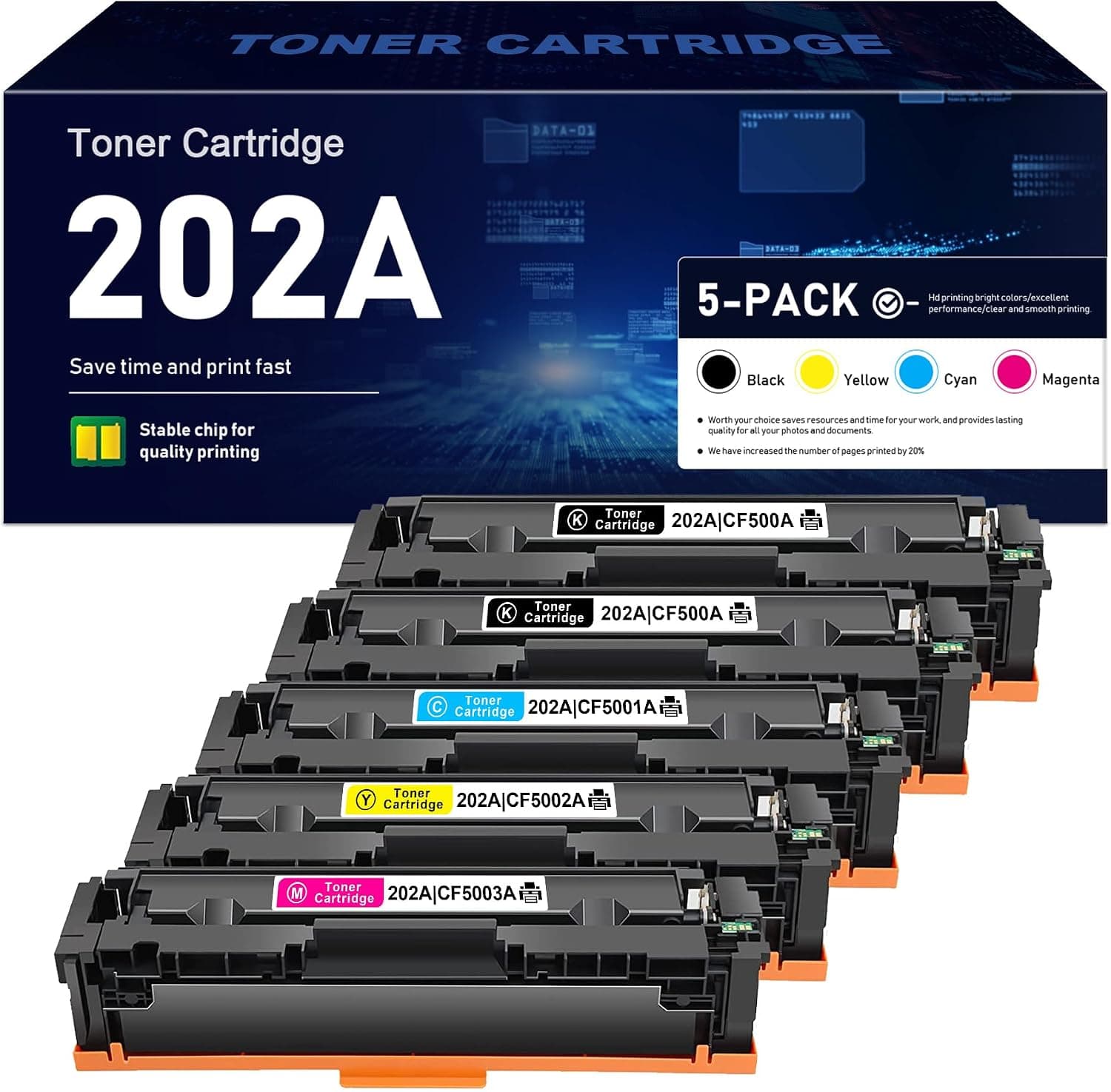 202A Toner Cartridge (with Chip) 5 Pack 202A Ink Cartridge Replacement for HP 202A Toner Cartridges Works with Color Pro M254, Color Pro MFP M281 Series | CF500A CF501A CF502A CF503A