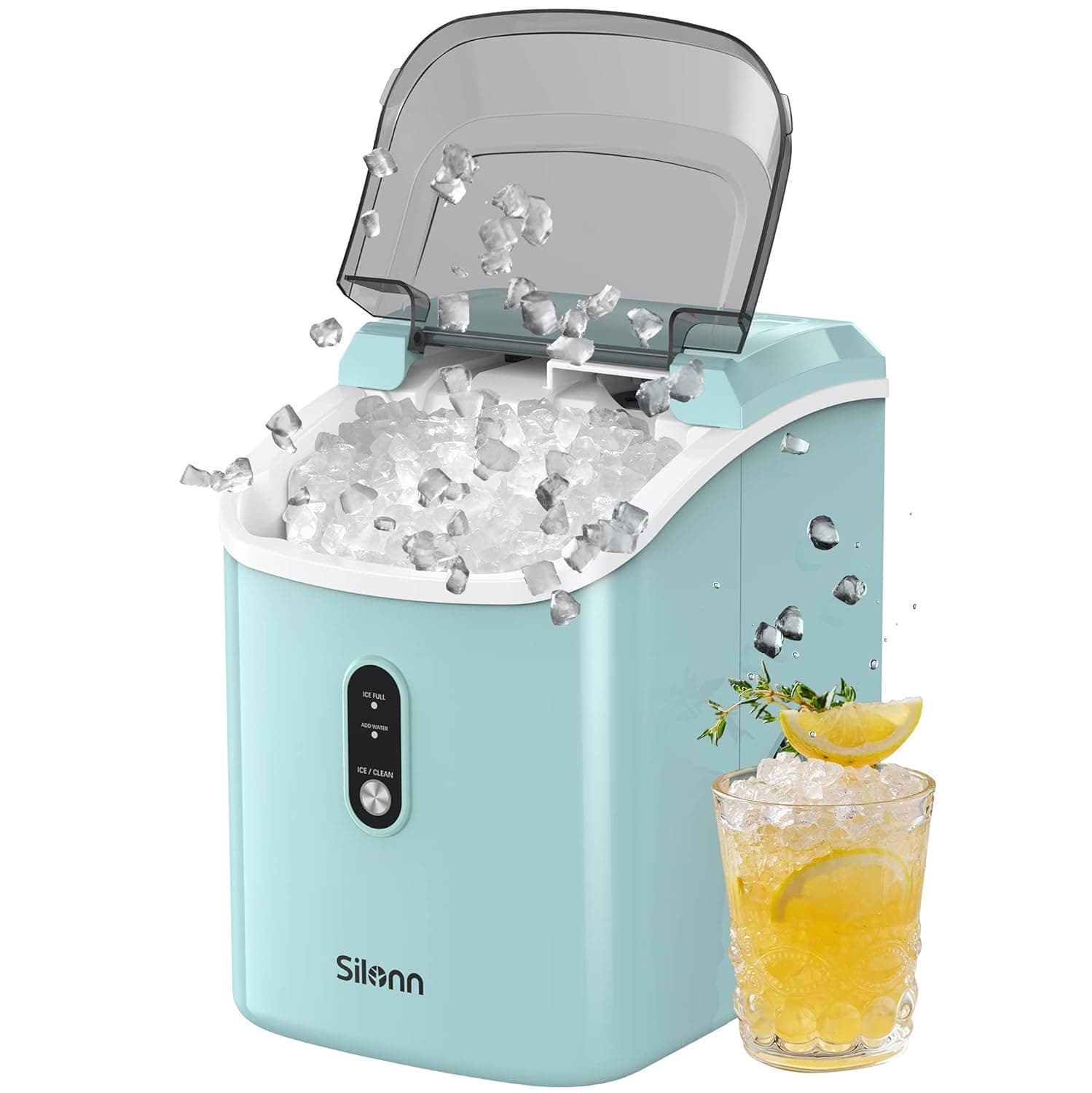 Silonn Nugget Ice Maker Countertop - Pebble Ice Maker Machine with Self-Cleaning Function, 33lbs/24H, Ice Makers for Home/Kitchen/Office, Green