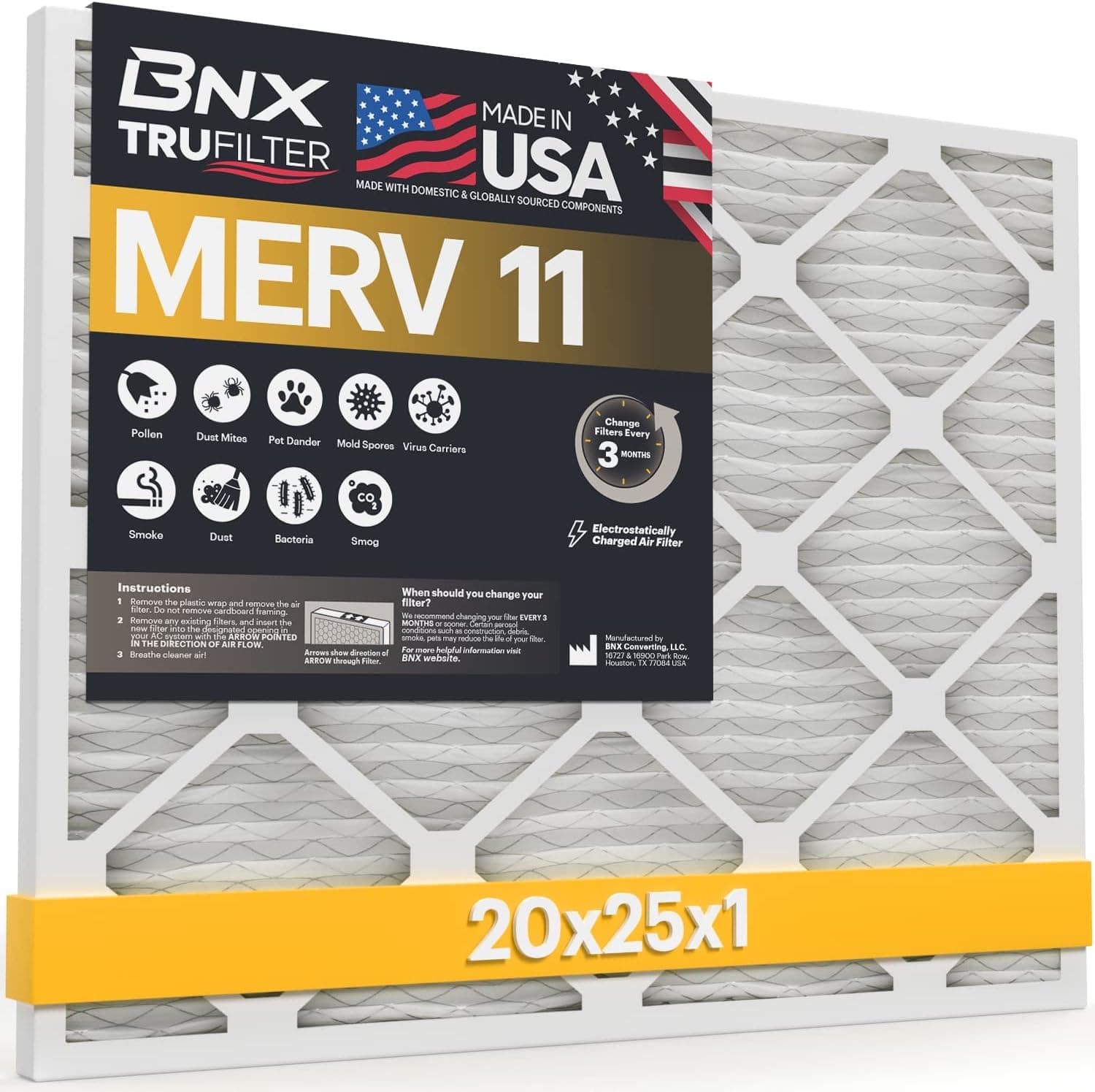 BNX 20x25x1 MERV 11 Air Filter 1 Pack - MADE IN USA - Electrostatic Pleated Air Conditioner HVAC AC Furnace Filters - Removes Dust, Mold, Pollen, Lint, Pet Dander, Smoke, Smog
