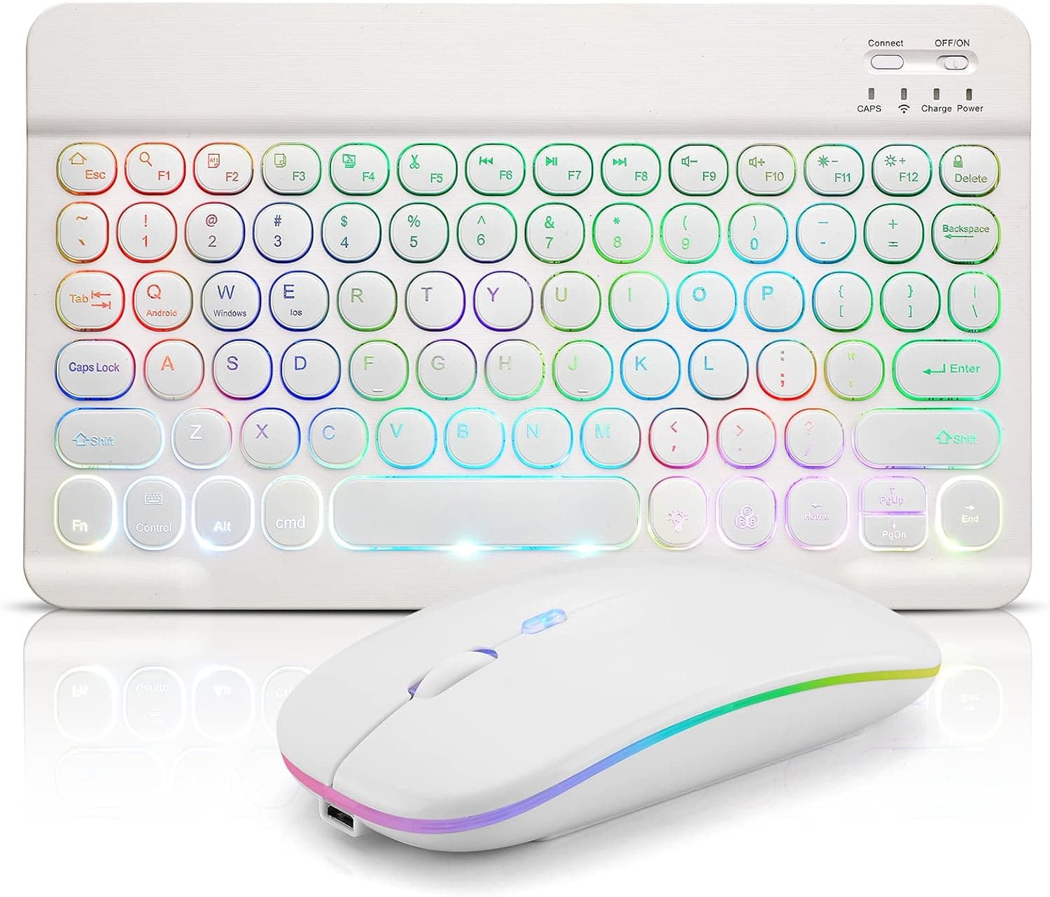 Bluetooth Keyboard and Mouse Combo for iPad - Rechargeable Wireless Keyboard & Mouse with 7-Color Backlit Compatible with iPad 9th/8th Gen, iPad Pro/Air/Mini, iPhone14/13/12 Pro, Round Keys White