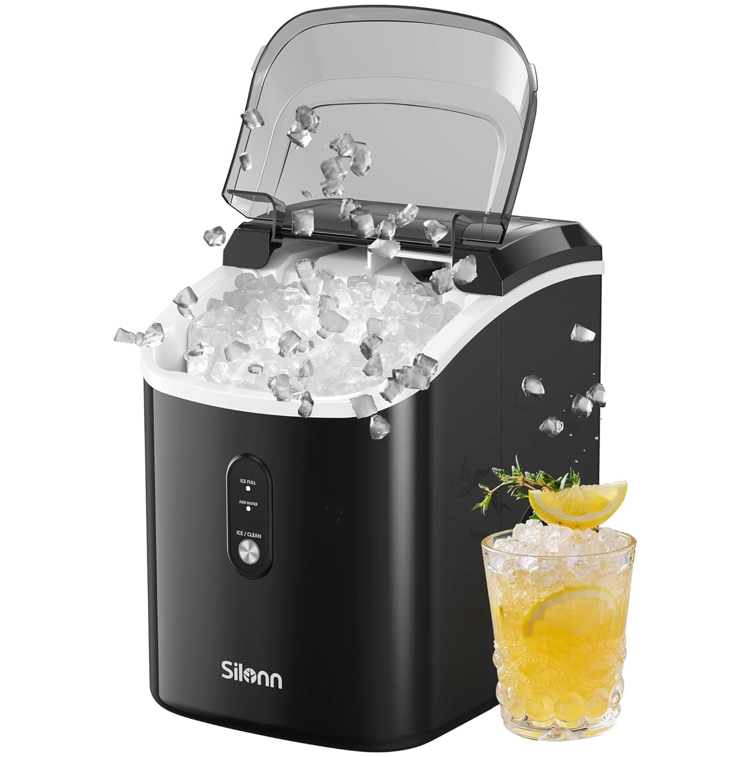 Nugget Ice Maker Countertop - 33lbs/24H, Silonn Pebble Ice Maker Machine with Self-Cleaning Function, Ice Makers for Home Kitchen Office