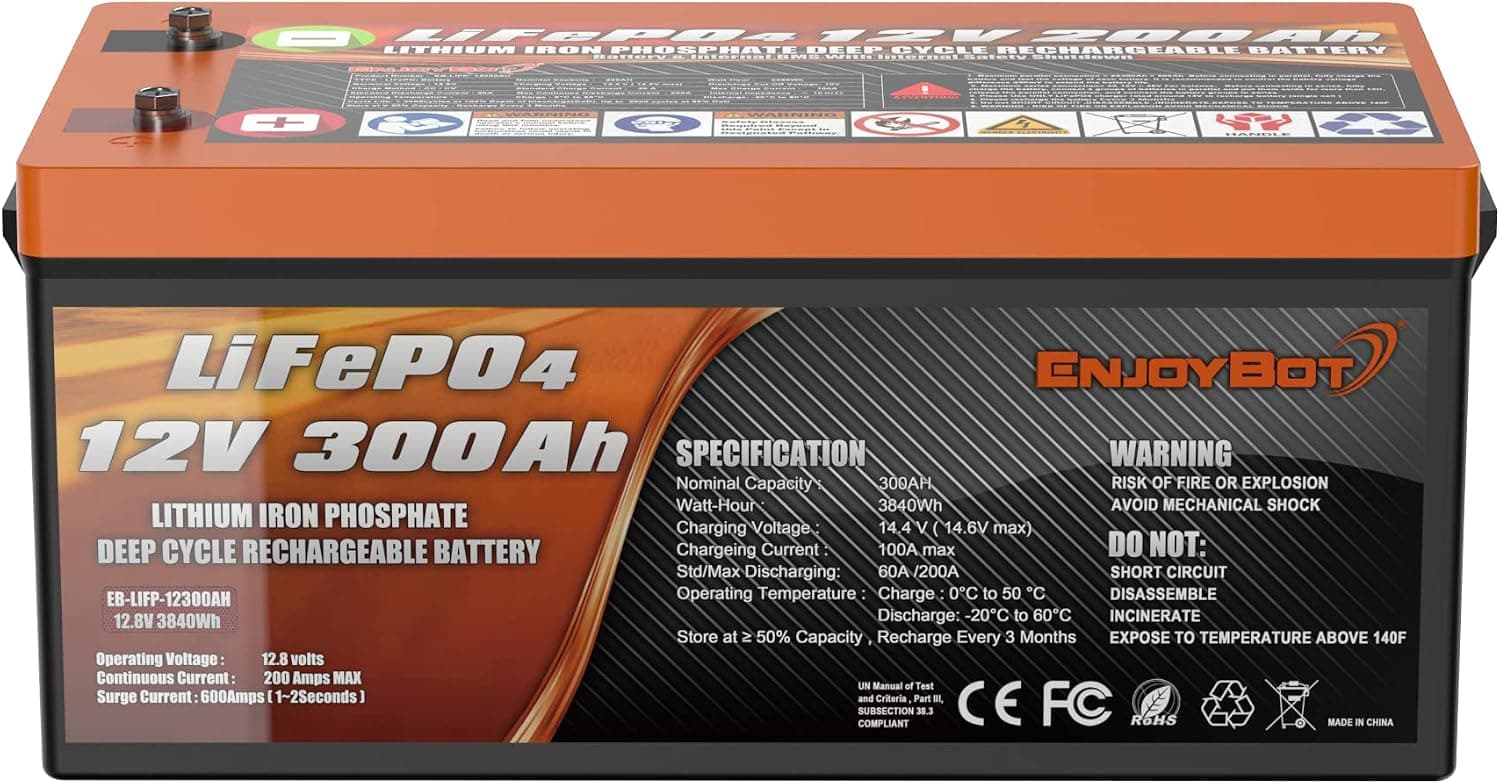 Enjoybot Deep Cycle Battery LiFePO4 12V 300Ah, Built-in 200A BMS, LiFePO4 Lithium Battery Perfect for RV, Solar, Marine, Camping, Home Energy Storage(3 Pack)