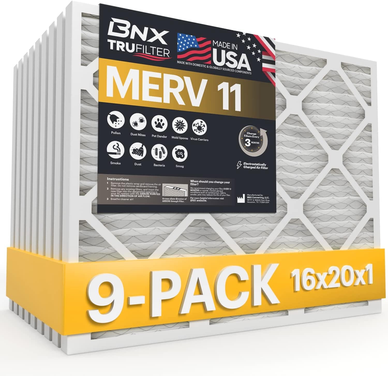 BNX 16x20x1 MERV 11 Air Filter 9 Pack - MADE IN USA - Electrostatic Pleated Air Conditioner HVAC AC Furnace Filters - Removes Dust, Mold, Pollen, Lint, Pet Dander, Smoke, Smog