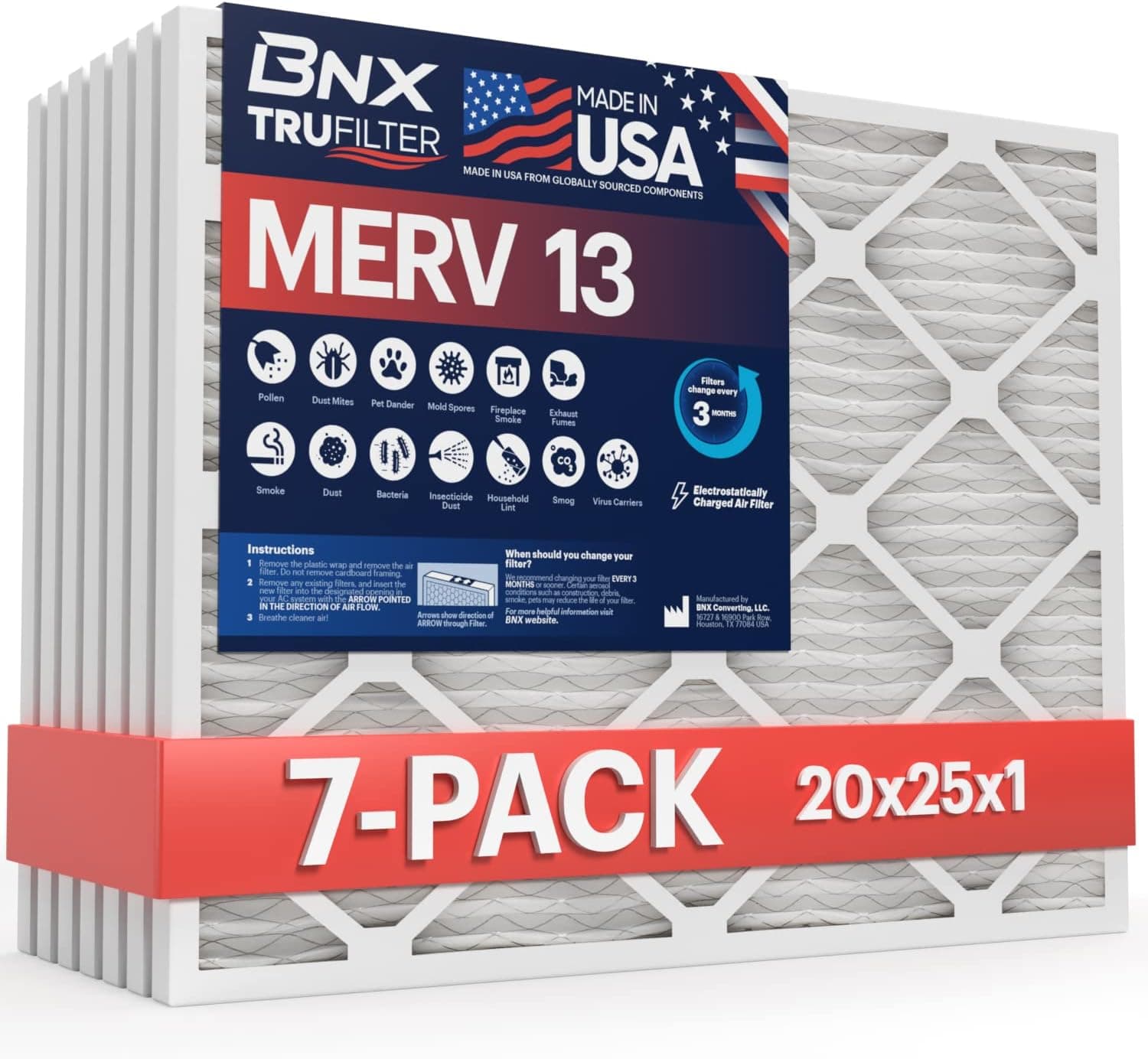 BNX TruFilter 20x25x1 MERV 13 (7-Pack) AC Furnace Air Filter - MADE IN USA - Electrostatic Pleated Air Conditioner HVAC AC Furnace Filters - Removes Pollen, Mold, Bacteria, Smoke