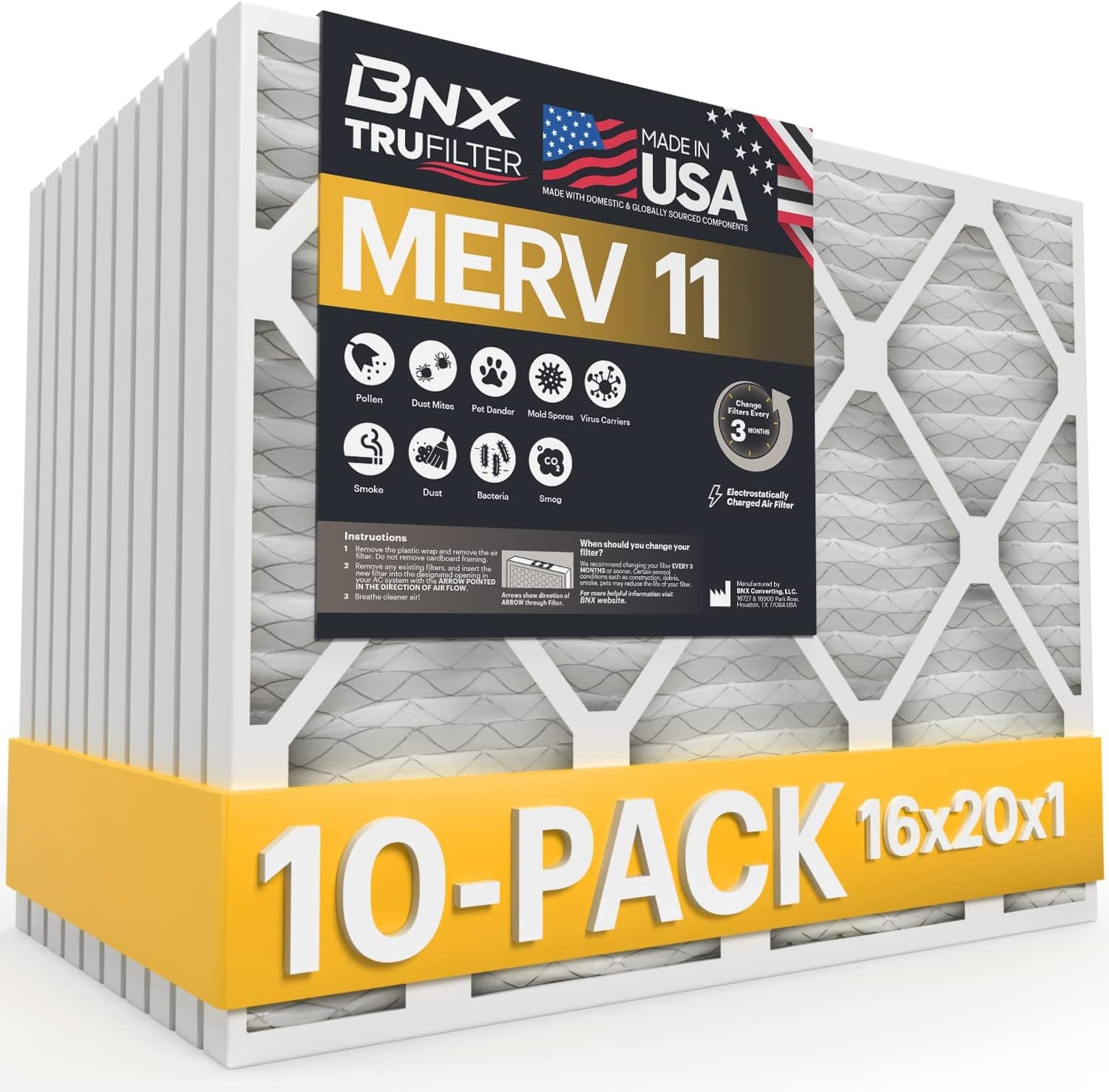 BNX 16x20x1 MERV 11 Air Filter 10 Pack - MADE IN USA - Electrostatic Pleated Air Conditioner HVAC AC Furnace Filters - Removes Dust, Mold, Pollen, Lint, Pet Dander, Smoke, Smog