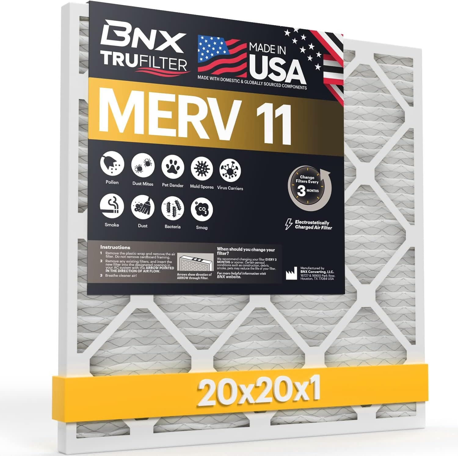 BNX 20x20x1 MERV 11 Air Filter 1 Pack - MADE IN USA - Electrostatic Pleated Air Conditioner HVAC AC Furnace Filters - Removes Dust, Mold, Pollen, Lint, Pet Dander, Smoke, Smog