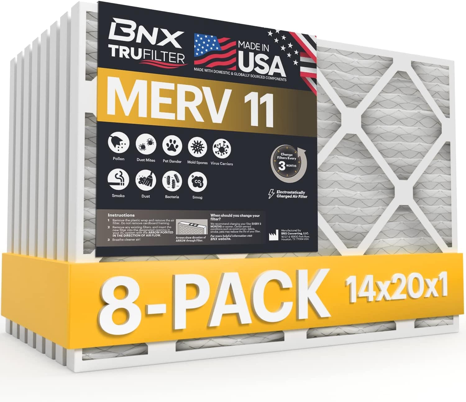BNX 14x20x1 MERV 11 Air Filter 8 Pack - MADE IN USA - Electrostatic Pleated Air Conditioner HVAC AC Furnace Filters - Removes Dust, Mold, Pollen, Lint, Pet Dander, Smoke, Smog