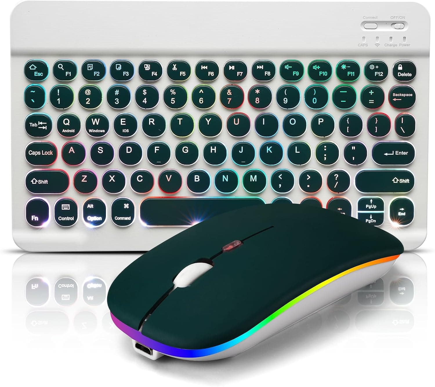 Bluetooth Keyboard and Mouse Combo for iPad - Rechargeable Wireless Keyboard & Mouse with 7-Color Backlit Compatible with iPad 9th/8th Gen, iPad Pro/Air/Mini, iPhone14/13/12 Pro, Round Keys Green Hill