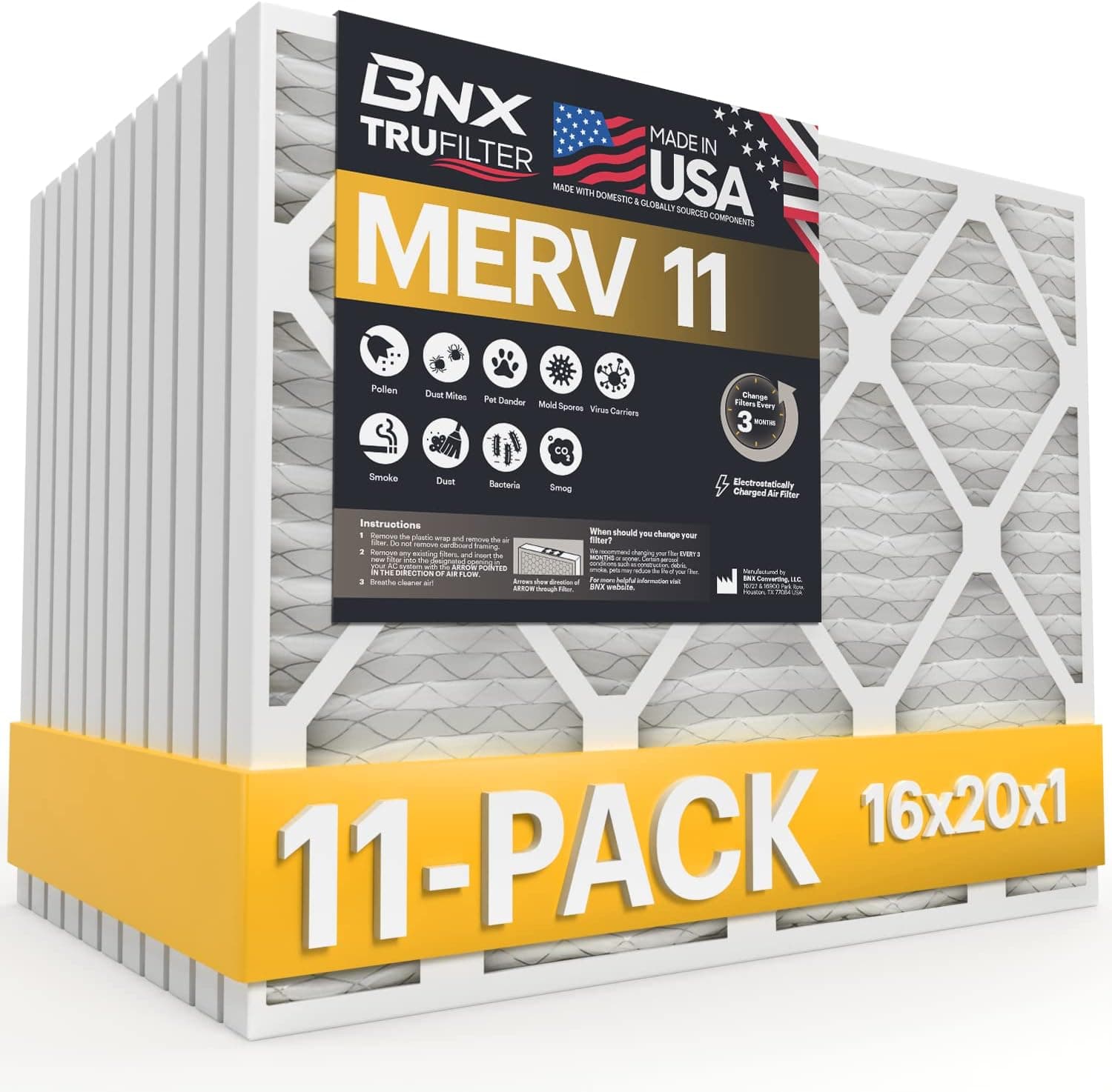 BNX 16x20x1 MERV 11 Air Filter 11 Pack - MADE IN USA - Electrostatic Pleated Air Conditioner HVAC AC Furnace Filters - Removes Dust, Mold, Pollen, Lint, Pet Dander, Smoke, Smog