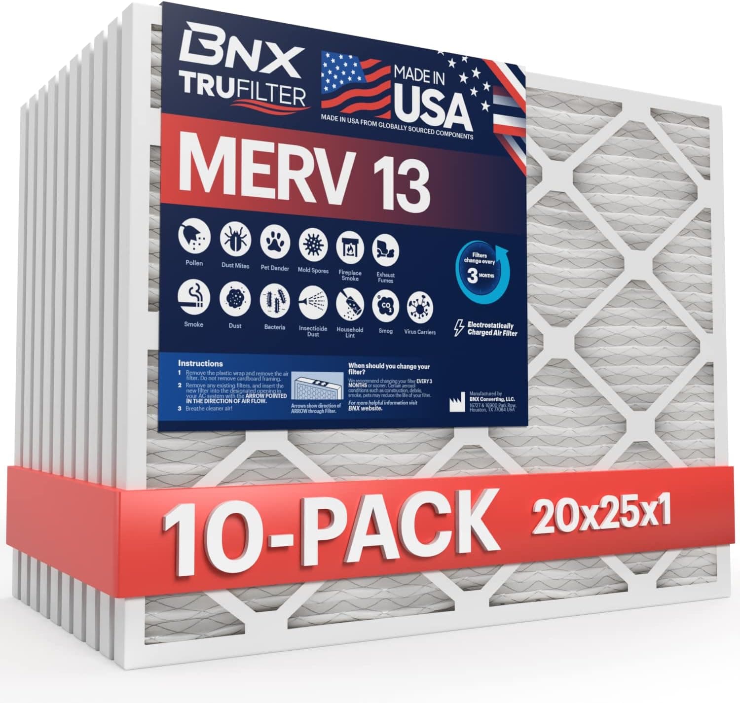 BNX TruFilter 20x25x1 MERV 13 (10-Pack) AC Furnace Air Filter - MADE IN USA - Electrostatic Pleated Air Conditioner HVAC AC Furnace Filters - Removes Pollen, Mold, Bacteria, Smoke