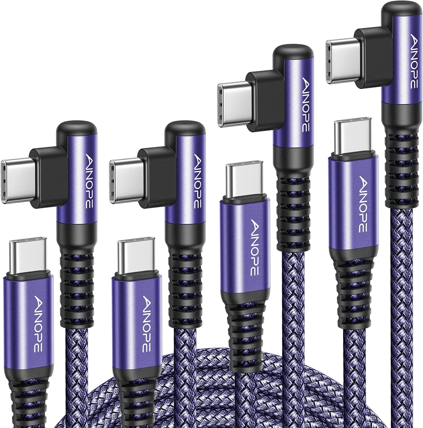 AINOPE 60W USB C to USB C Cable 4-Pack Type C to Type C Cable Right Angle Super Fast Charging USBC to USBC Cord 10FT+6.6FT+3.3FT+3.3FT Compatible Samsung S22 S21,Note 20 Ultra,iPad Pro/Air