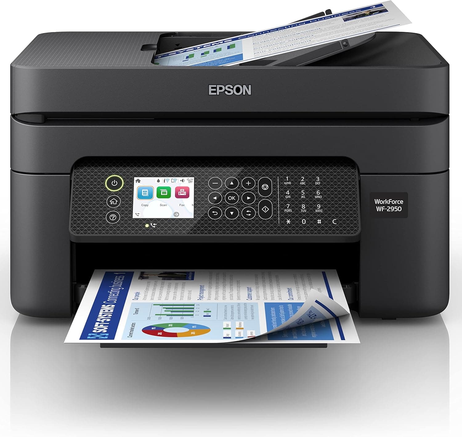 Epson Workforce WF-2950 All-in-One Wireless Color Inkjet Printer for Home Office, Black - Print Scan Copy Fax - 2.4" LCD, 33 ppm, 5760 x 1440 dpi, Auto Duplex Printing, 30-Sheet ADF