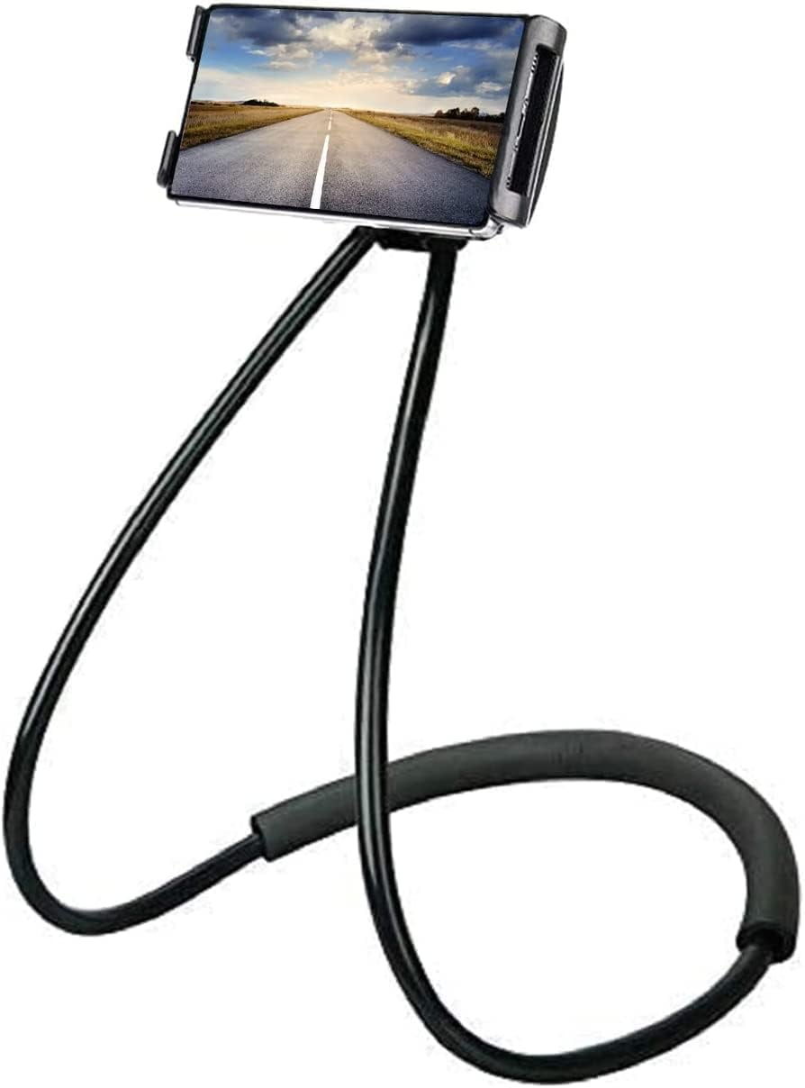 Hanging on Neck Cell Phone Mount Holder - Flexible Lazy Bracket DIY Free Rotating for Multiple Functions - Smart Mobile Phone Stand - Holder Hands-Free for All Phones & Tablets (Black)