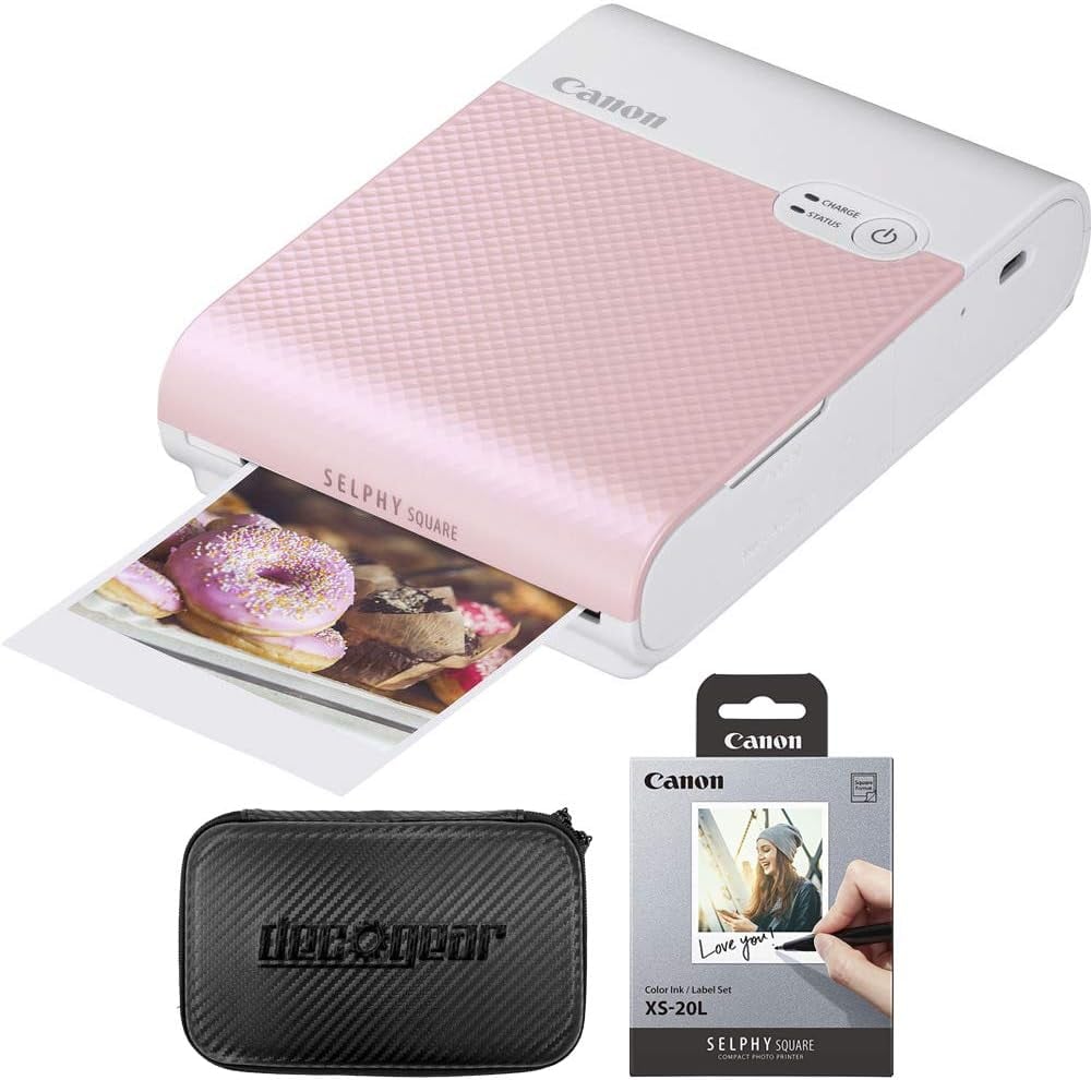 Canon SELPHY Square QX10 Compact Photo Printer - Pink (4109C002) Bundle SELPHY Color Ink/Label XS-20L Set + Deco Gear Hard Case