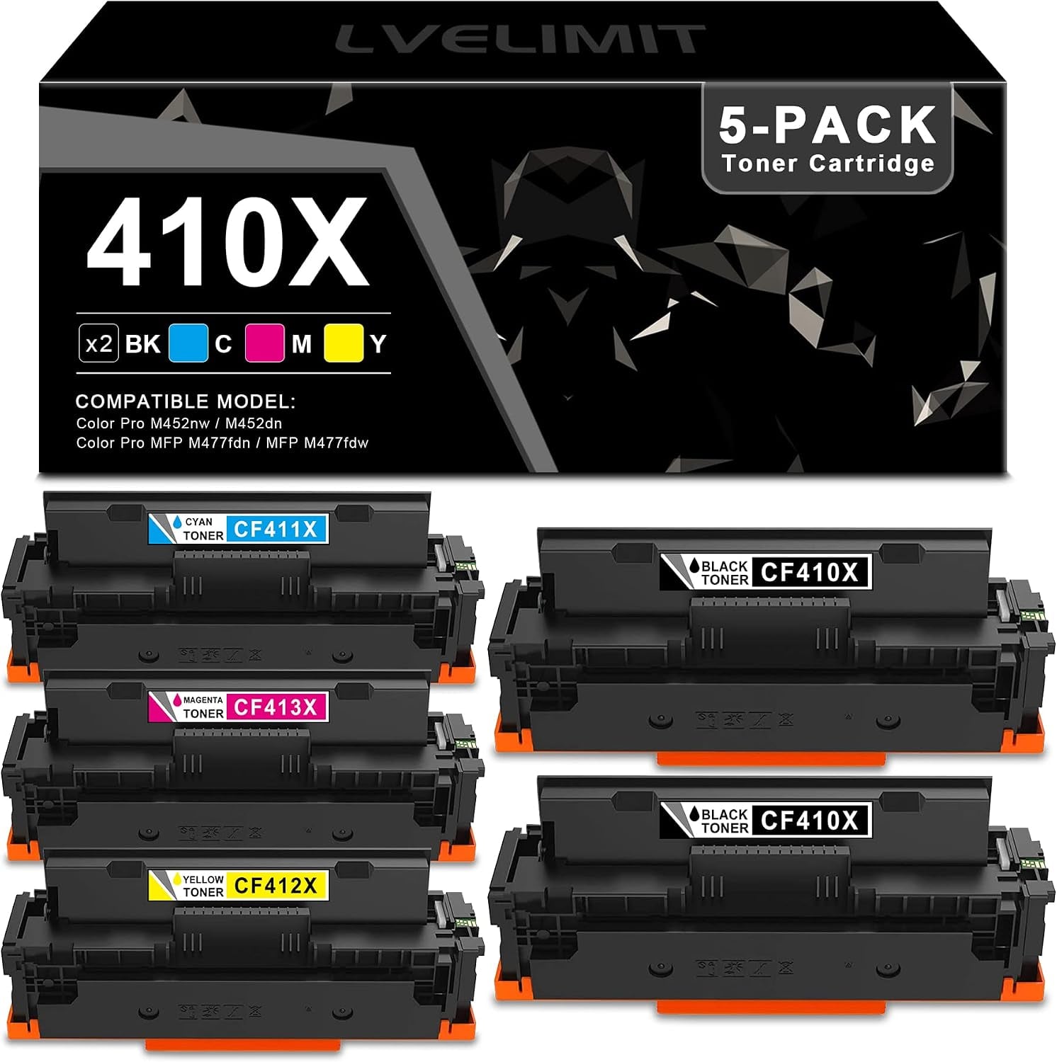 410X Toner Cartridges: LVE Compatible Replacement for HP 410X 410A CF410X CF411X CF413X CF412X 2Black,1Cyan, 1Magenta, 1Yellow Toner | Works for Color Pro MFP M477fnw M477fdn Series Printer (5-Pack)