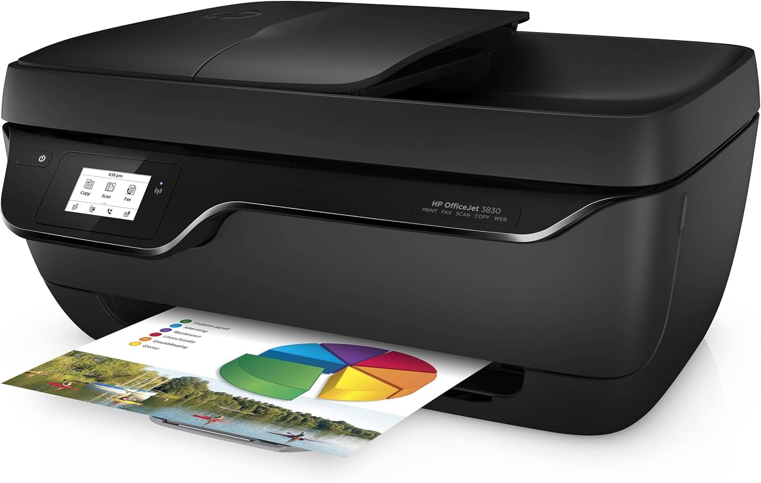 HP OfficeJet 3830 All-in-One Wireless Color Inkjet Printer - Print Scan Copy Fax - 2.2" Touchscreen, 20 ppm, 4800 x 1200 dpi, 35-Sheet ADF, Manual Duplex Printing, 4x6 Photo, Mobile Borderless Print