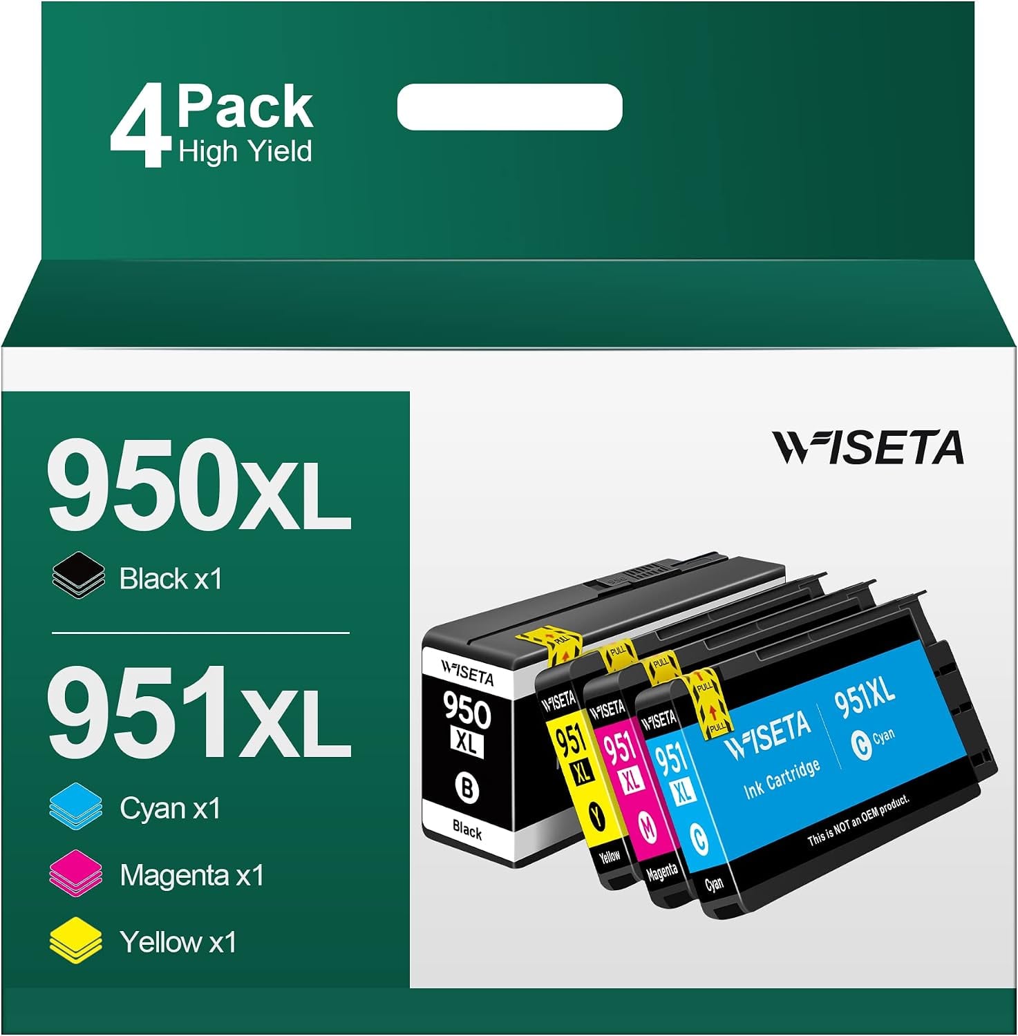 WISETA 950Xl 951Xl Ink Cartridges Replacement for 951XL Ink Cartridges Combo Pack use with 8610 8600 8615 8620 8625 276dw 251dw (1B1C1M1Y, 4 Pack)