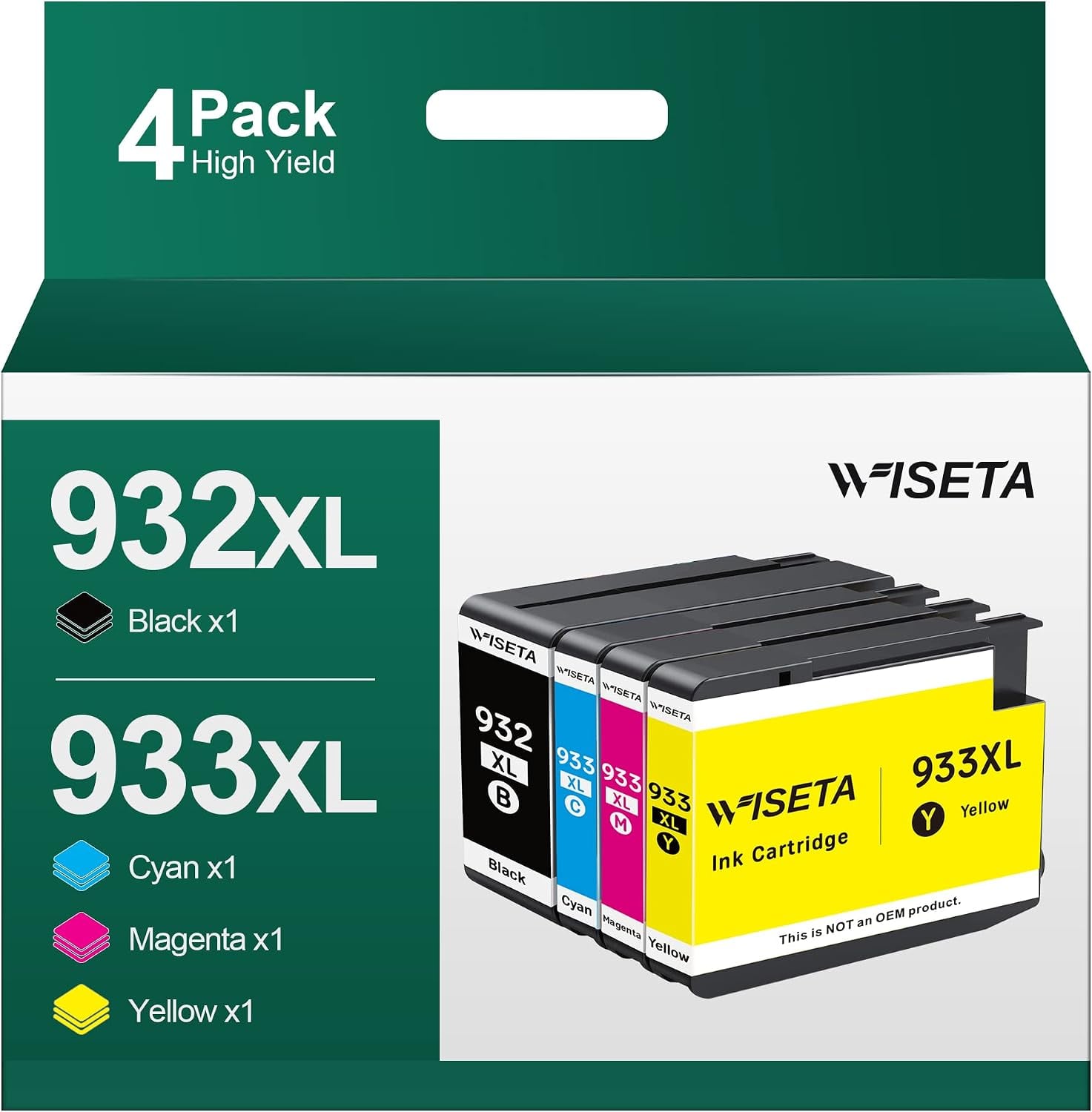 WISETA 932XL 933XL Compatible Ink Cartridge Replacement for 932XL 933XL 932/933 932-XL 933XL Black and C/M/Y Color Works with 6100 6600 6700 7110 7510 7610 Printer (4 Pack)