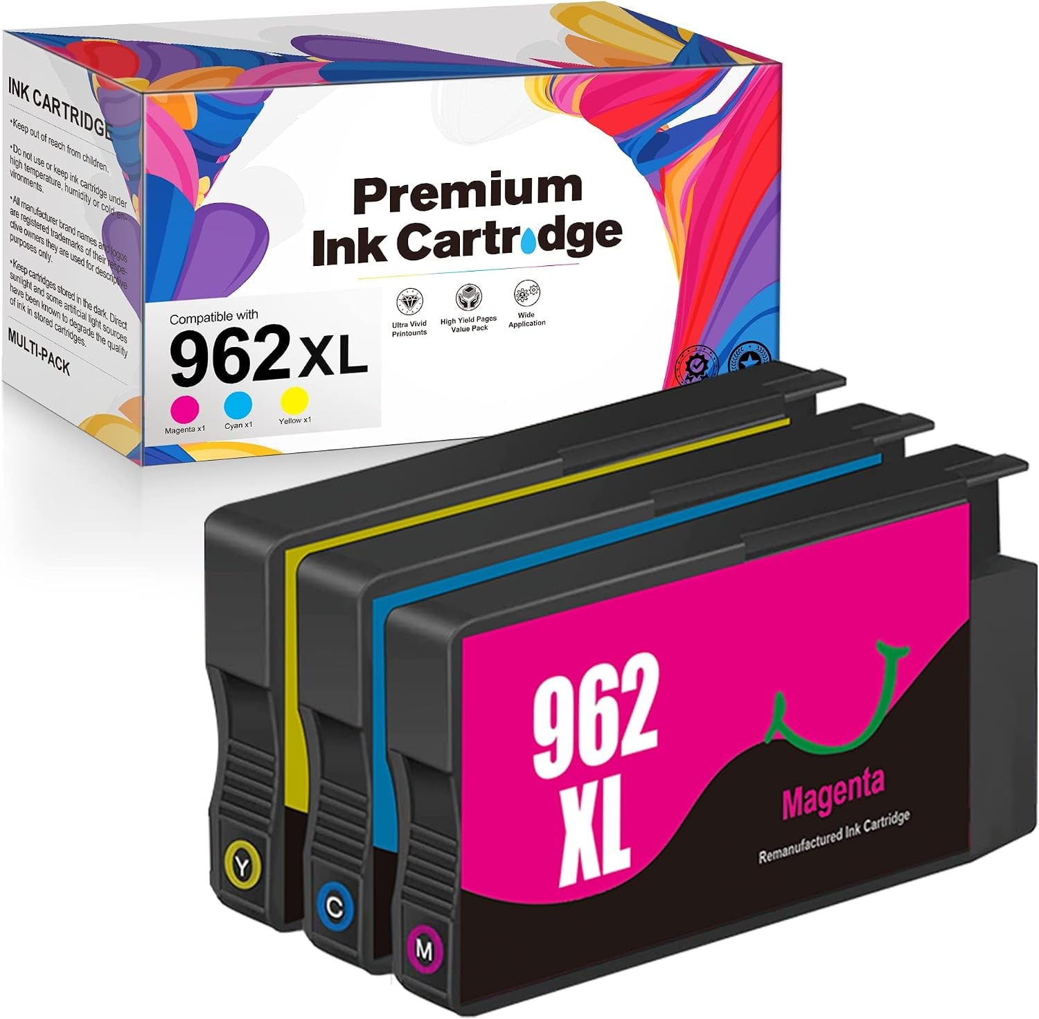 WISETA 962 Ink Cartridges Remanufactured Replacement for 962xl Ink Cartridges 962 962XL C/M/Y Compatible with 9010 Series 9018 9012 9020 9015 9025 9022 9026 9027 Printer (3 Pack)