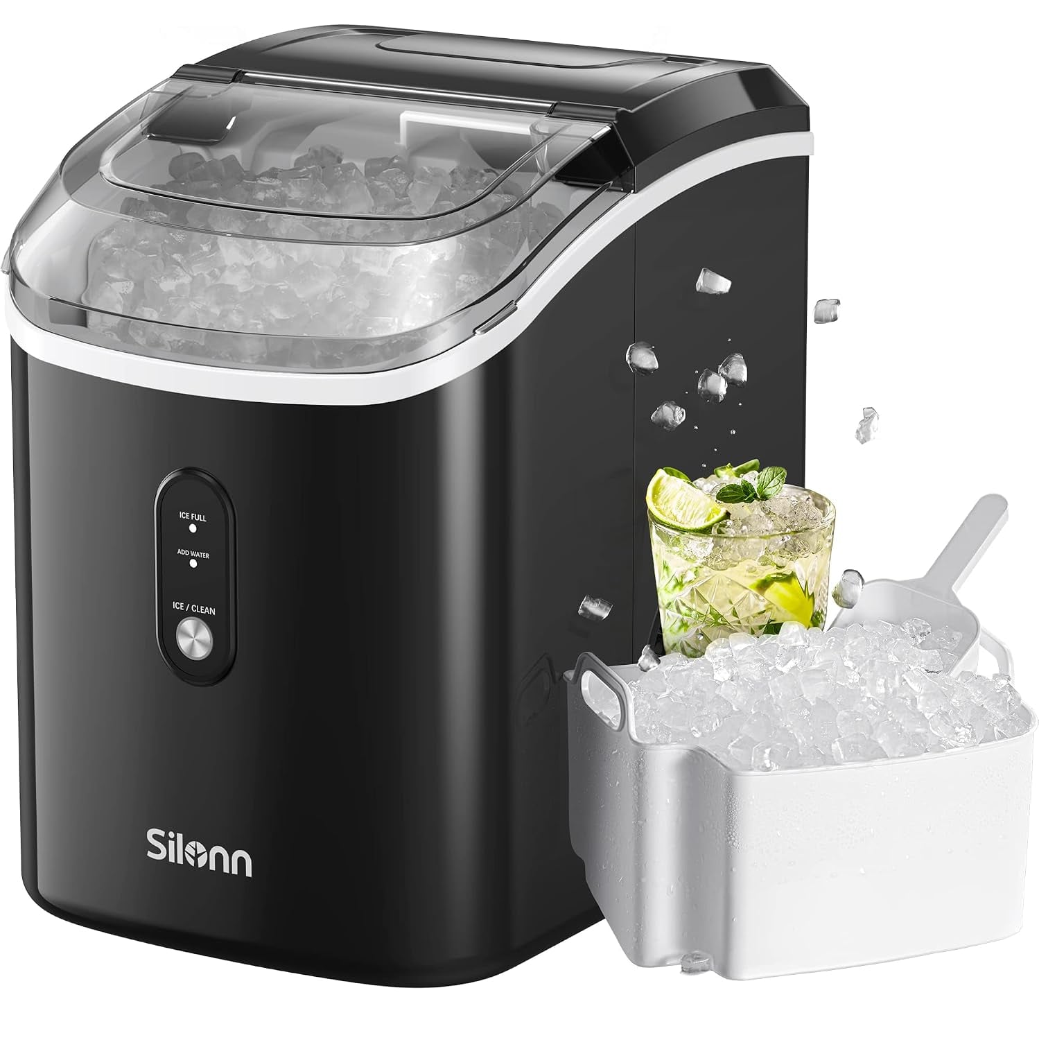 Silonn Nugget Ice Maker Countertop - Pebble Ice Maker Machine with Self-Cleaning Function, 33lbs/24H, Ice Makers for Home Kitchen Office, Black