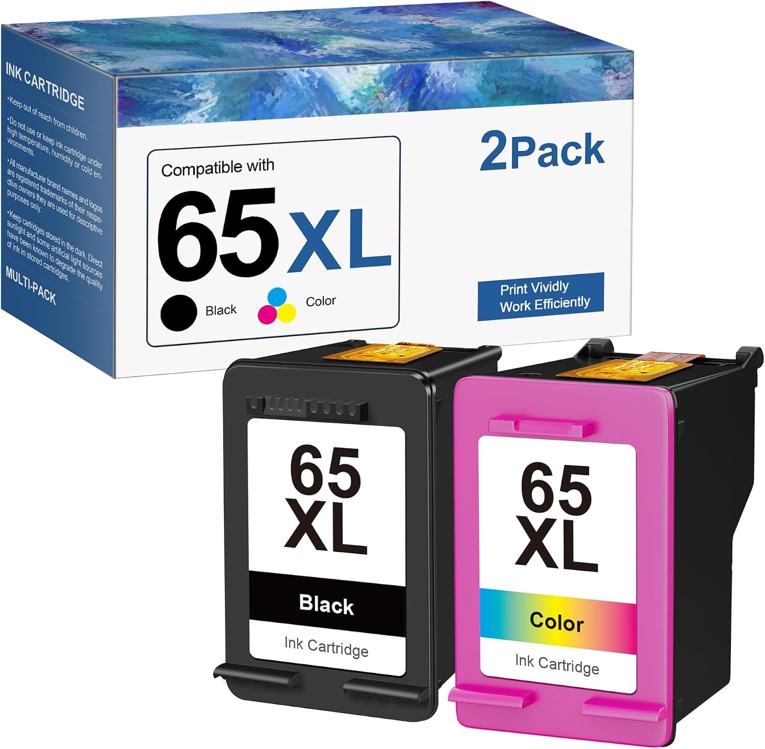 65XL Ink Cartridge Combo Pack Remanufactured Ink Cartridge Replacement for HP 65XL 65 XL for Envy 5055 5058 5052 5000 DeskJet 3755 3752 2652 3772 2622 Printer 65 Ink Cartridge(1 Black, 1 Tri-Color)