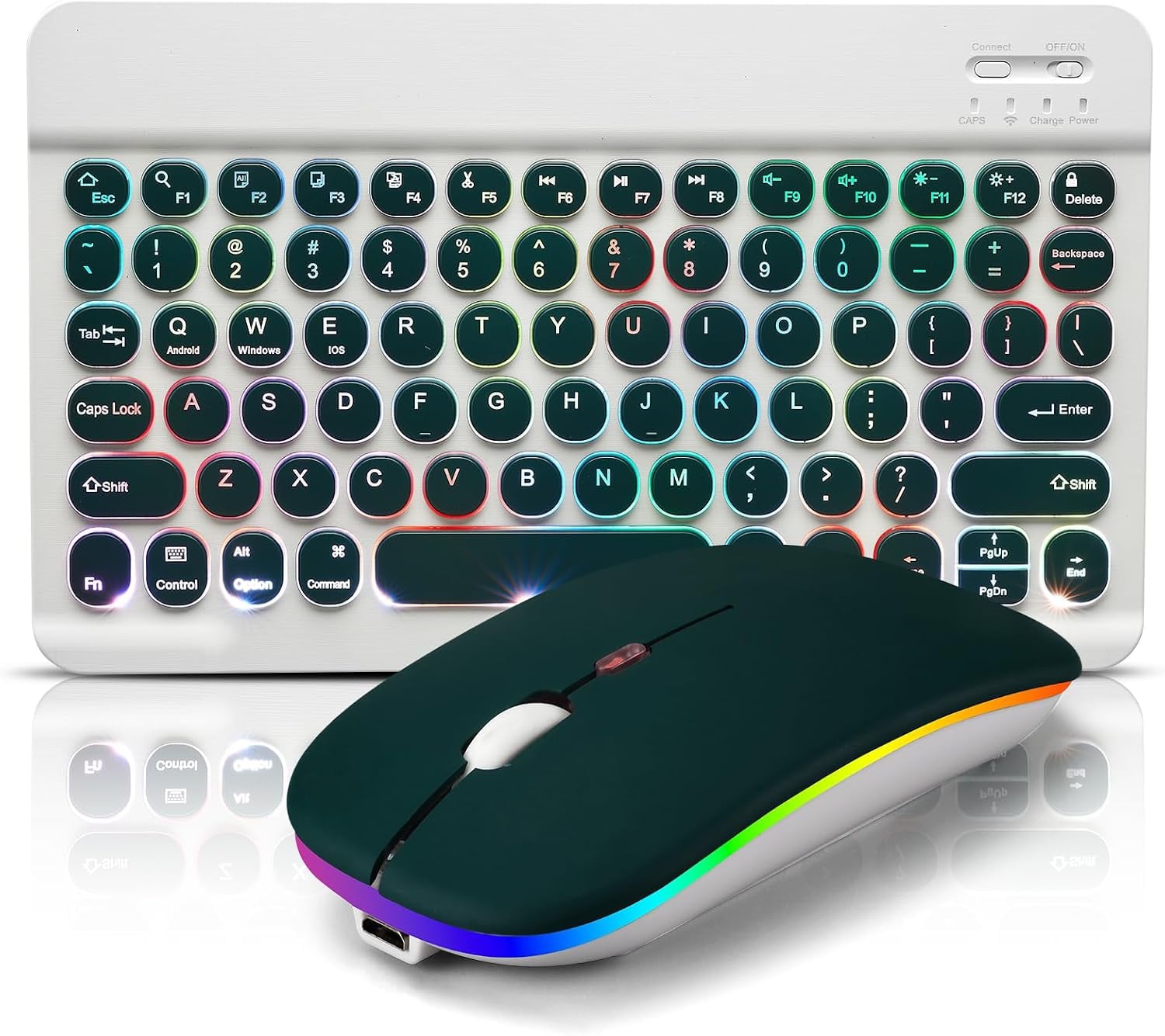 Bluetooth Keyboard and Mouse Combo for iPad - Rechargeable Wireless Keyboard & Mouse with 7-Color Backlit Compatible with iPad 9th/8th Gen, iPad Pro/Air/Mini, iPhone14/13/12 Pro, Round Keys Green Hill