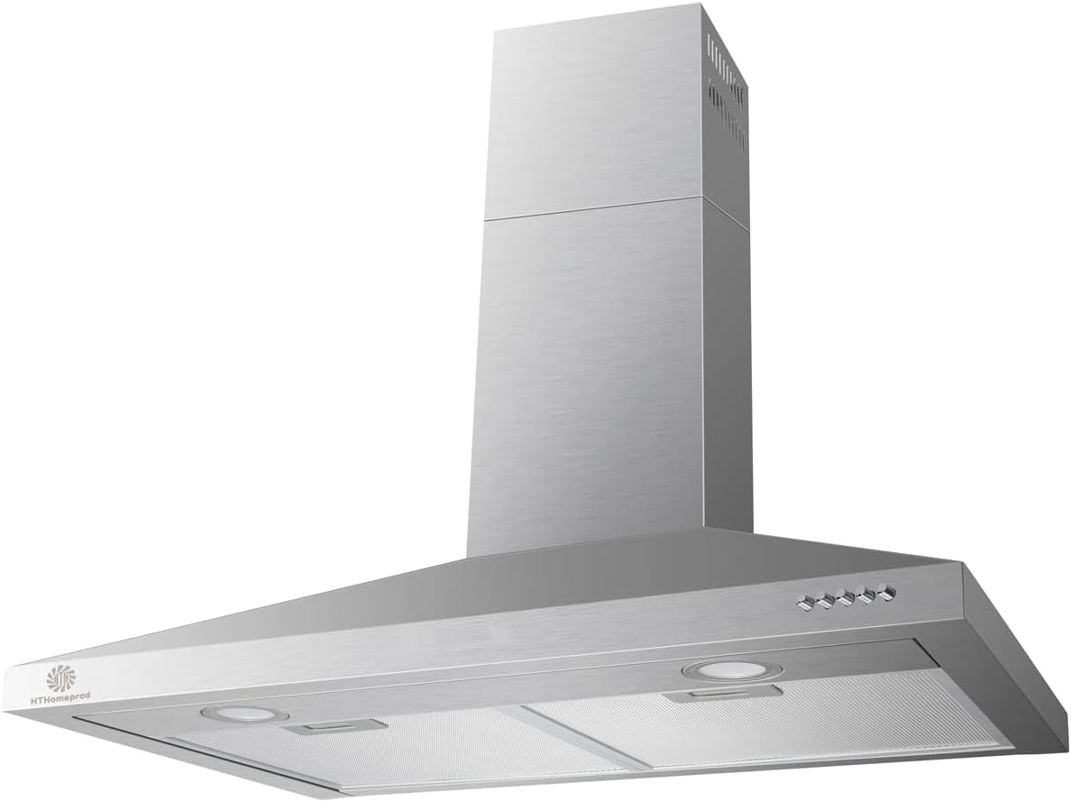 30 Inch Wall Mount Range Hood in Stainless Steel, Ducted Chimney-Style Kitchen Vent, 500 CFM, 3 Speed Exhaust Fan, Push Button, LED Lights, Mesh Filters, Fit 8 to 8.5 ft Ceiling
