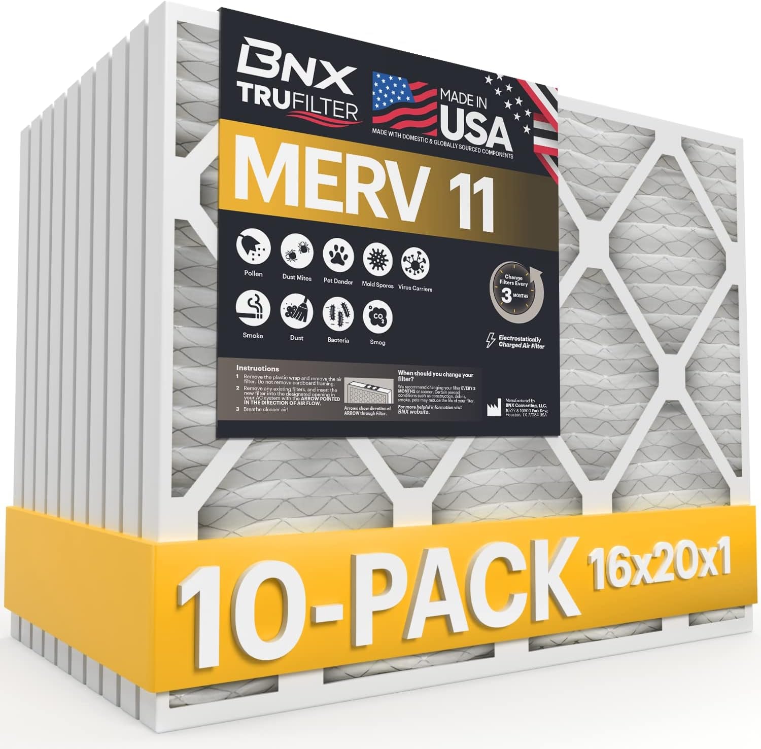 BNX 16x20x1 MERV 11 Air Filter 10 Pack - MADE IN USA - Electrostatic Pleated Air Conditioner HVAC AC Furnace Filters - Removes Dust, Mold, Pollen, Lint, Pet Dander, Smoke, Smog