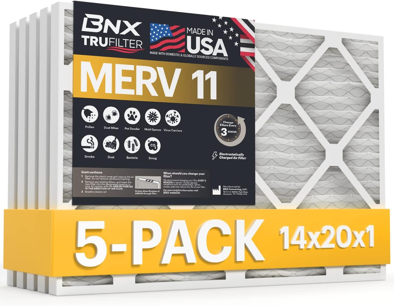 BNX 14x20x1 MERV 11 Air Filter 5 Pack - MADE IN USA - Electrostatic Pleated Air Conditioner HVAC AC Furnace Filters - Removes Dust, Mold, Pollen, Lint, Pet Dander, Smoke, Smog