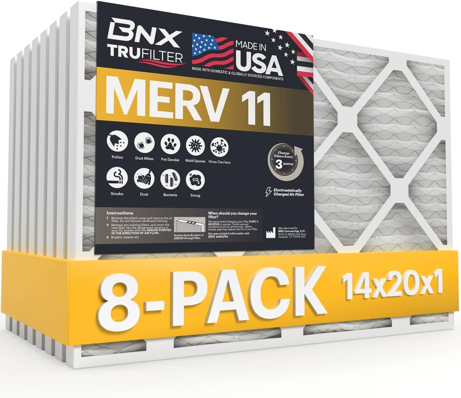 BNX 14x20x1 MERV 11 Air Filter 8 Pack - MADE IN USA - Electrostatic Pleated Air Conditioner HVAC AC Furnace Filters - Removes Dust, Mold, Pollen, Lint, Pet Dander, Smoke, Smog